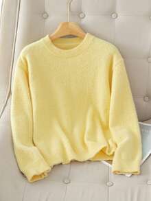 Women's Solid Color Loose Slouchy Soft Faux Mink Knit Base Layer Top, Autumn/Winter - Yellow - View 1