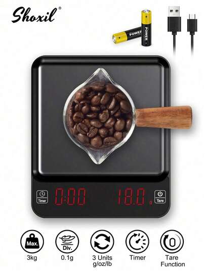 shoxil 1pc USB Rechargeable And Battery Operated Mini Coffee Scale With Timer, 3kg/0.1g Accurate Scale For Espresso And Pour-Over Coffee, Portable Digital Kitchen Scale (Batteries Included)