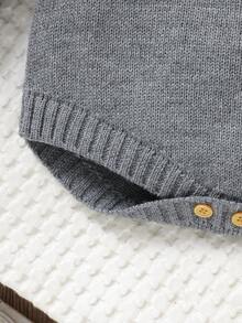 婴儿毛衣连体衣，甜美荷叶边领长袖三角按扣裆部连体衣，可爱蘑菇提花休闲连体衣 - 灰色 - 查看 4