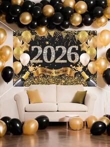 1 Stück Hintergrundfahne mit Neujahrsmotiv, schwarze und goldene Neujahrsballons aus Polyester, für 2026 Neujahrsfestdekoration Hintergrund Stoff für Zuhause, Raumdekoration, Neujahrsfestdekoration, Partydekor, Gartendekoration, Hängedekoration, 2026 Neujahrsdekoration, Partyfavors