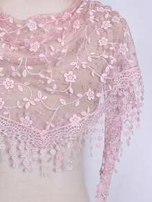 Lenço feminino de renda floral rosa vazada com franjas, em cor sólida, ideal para véu de noiva ou xale de casamento. - Multicolorido - Ver 23