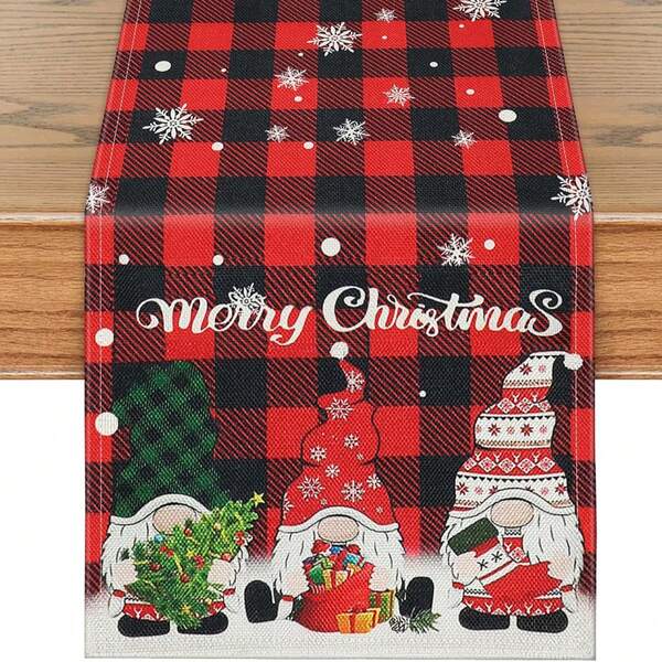 1 pièce Chemin de table Joyeux Noël en forme d'arbre de Noël, style campagnard saisonnier d'hiver à carreaux rouges pour la décoration de table de salle à manger