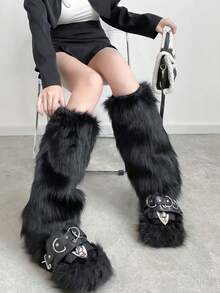 女士毛绒暖腿套 冬季毛皮蓬松暖腿套 柔软靴筒套 万圣节圣诞老人服装 - 黑色 - 查看 7