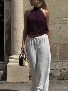 Women Cute Puffy Halterneck Top Sleeveless Open Back Tank Tops Fashion Button Neck Crop Tops Summer Y2K Loose Vest For Club Party Streetwear Going Out Outfit - Red Violet - View 3