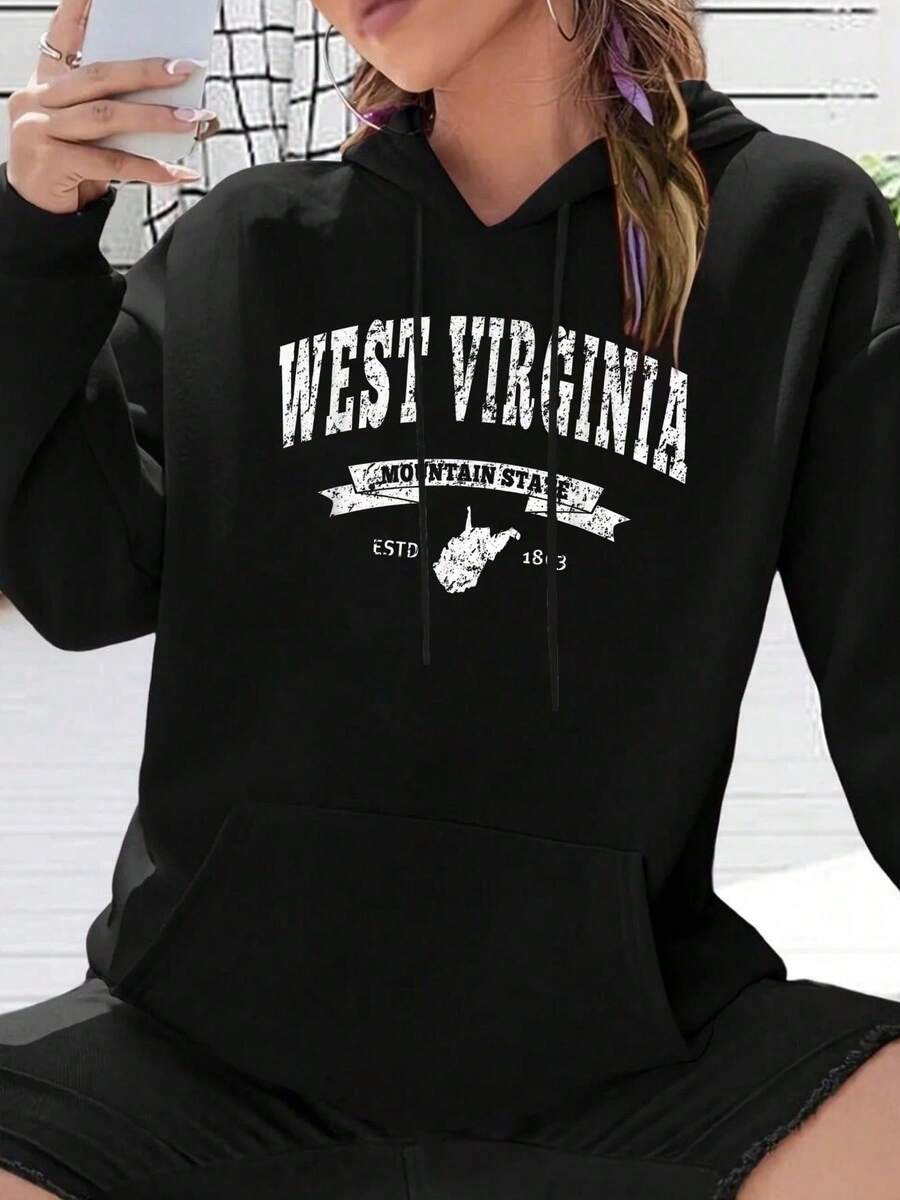 Vintage West Virginia Shirt Distressed Tee WV Mountain State Hooded Sweatshirt Unisex Casual Pullover Hoodie, Soft Warm Sweatshirt, Fall Winter Outfit - màu đen - Xem 1