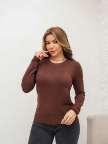 SUNNY FASHION Women's Long Sleeve Sweater Blouse Winter ROUND NECK BASIC - Café integral - Ver 2