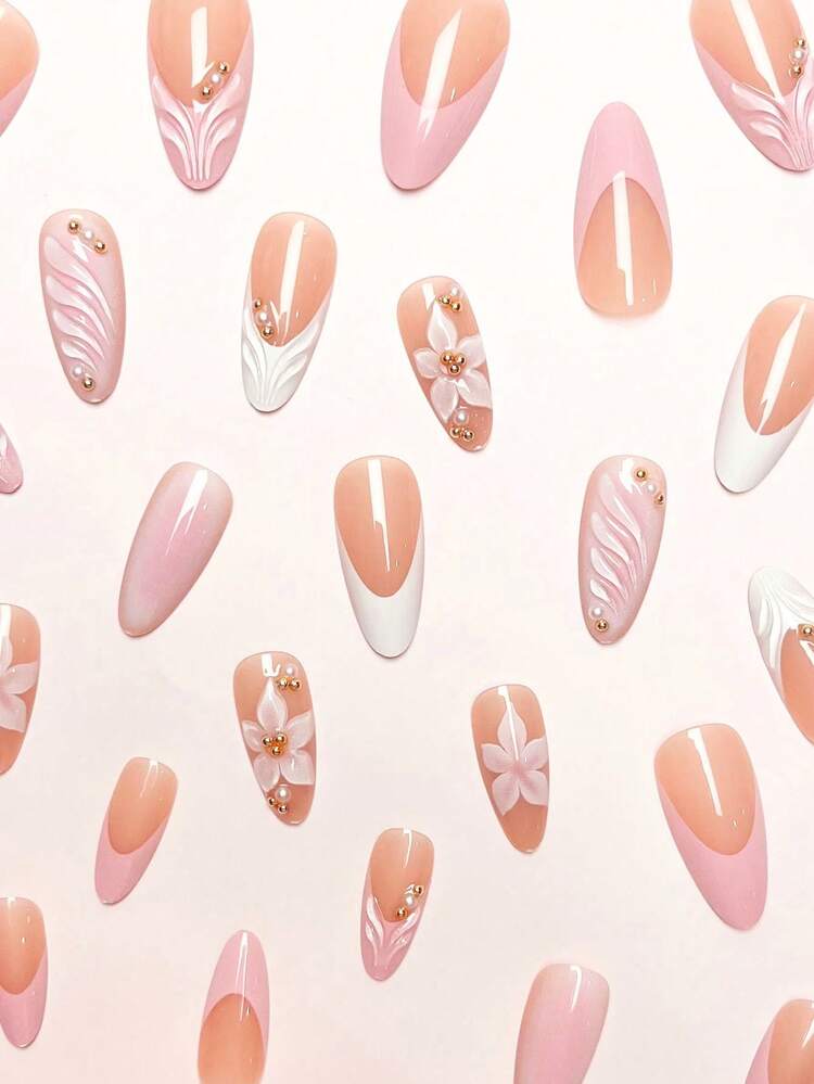 24pcs/Set Elegant Gradient Pink & White Almond-Shaped Nail Stickers With 3D Floral & Pearl Decor, Includes Gel Polish And Nail File, Suitable For Girls/Women For Daily, Party, Autumn Nails Nail Supplies - Multicolor - View 2