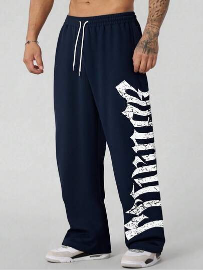 Men's Letter Print Drawstring Waist Straight Leg Long Casual Pants, Suitable For Outings, Gothic Style, Rave Parties, Back To School, Sports, Fitness, Autumn Season