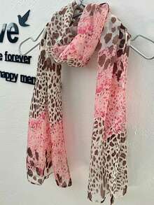 1条女士时尚印花雪纺真丝围巾，轻盈透气，中长款，适合日常佩戴，可作头巾、发带使用，提升整体造型，春季新品上市 - 粉色 - 查看 4