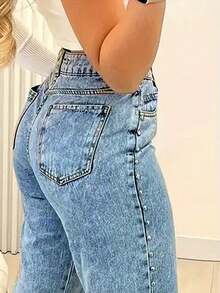 Chicsale Women's High-Waisted Straight Leg Denim Jeans With Pockets And Beaded Detail - Non-Stretch Washed Denim For A Stylish Look - 中等水洗藍 - 查看 4