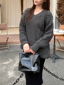 Fashionable Hollow Out Casual V-Neck Pullover Knit Sweater For Women, Mid-Length