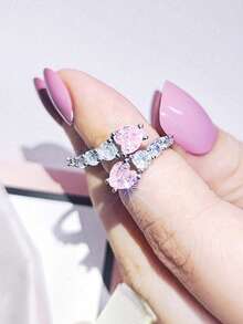 1pcs Snake-Shaped Geometric Pink Diamond Inlaid Light Luxury Copper Silver Women's Open Ring Suitable For Daily Party Banquet Dance Wear - 粉色 - 查看 3
