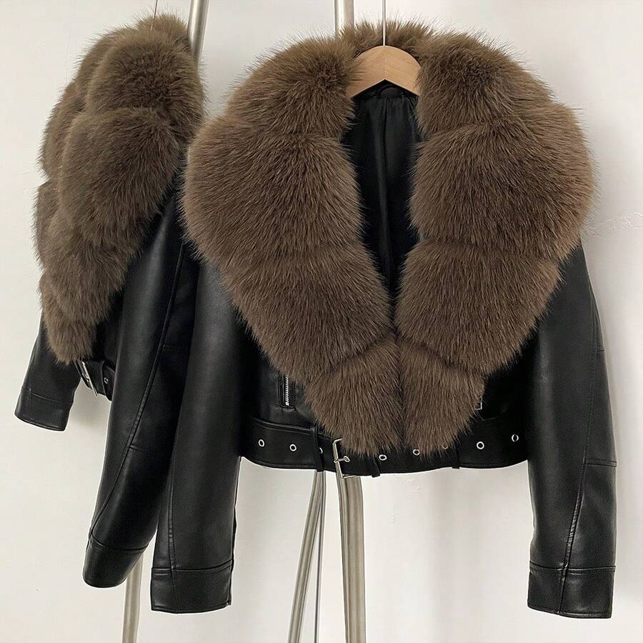 OFTBUY 女士纯色PU皮夹克，配人造毛领，休闲摩托车街头风，适合秋冬季穿着，黑色