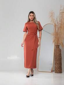 Long Dress With Short Sleeves With Belt Formal And Evening V775 - Burnt Orange - View 3