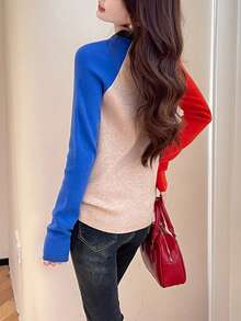 Suéter de mujer con diseño de bloques de color en cuello redondo y mangas raglán, para otoño/invierno - Multicolor - Ver 2