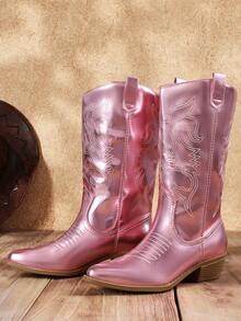 Women'S Cowboy Western Boots Point Toe Pull On Cowgirl Boots  Embroidered Detail Chunky Heeled Spring And Winter Back To School Party Festival Matching Dress Mid Calf PINK Boots - 粉色 - 查看 3