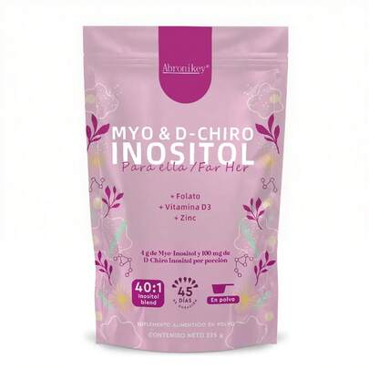 Inositol en polvo para mujeres, mio-inositol y D-chiro-inositol 40:1 con ácido fólico, vitamina D3 y zinc. Suplemento dietético en polvo, 225 g.