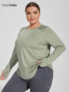 大码女式长袖宽松运动上衣，带拇指孔和镂空后背设计，适合秋季、冬季、健身房锻炼和春季休闲穿着。 - 薄荷綠 - 查看 12