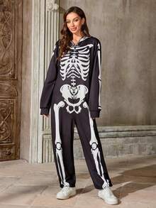 Halloween Skull Print Jumpsuit With Hood, Masquerade Party Costume Suitable For Carnival, Halloween Stage Performance