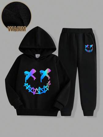 2 st/set set med färgglad laserreflekterande grafiskt tryck och huvtröja och mjukisbyxor för pojkar