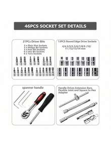 46pcs Small Size Integrated Solution Tool Kit, Suitable For Outdoor Emergency Car Repair, Applicable For Car, Bicycle And Motorcycle Repair, Also Includes A Multifunctional Combination Wrench Tool Set, No Battery Required, With 1/4" Drive Ratchet Wrench, Metric Sockets, Screwdriver Bits, Quick Release Mechanism - Professional Hand Tool Kit For Automotive Repair And DIY, No Assembly Required, Non-Powered, With Case