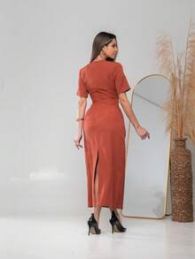 Long Dress With Short Sleeves With Belt Formal And Evening V775 - Burnt Orange - View 4
