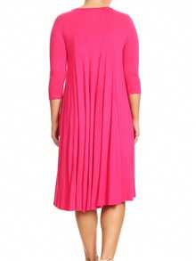 Plus Size Casual 3/4 Sleeves Basic A-Line Pleated Solid Midi Dress  Wedding - Hot Pink - View 4
