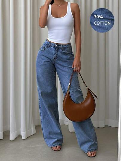Retro Hong Kong Style High Waist Loose Straight Leg Jeans, Wide Leg Denim Trousers, Versatile Floor-Length Pants, For Autumn