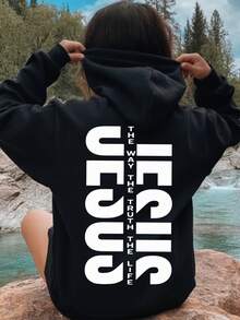 Women's Pullover Hoodie (Fleece Style, Drawstring) | Vertical Letter Print JESUS With Slogan | Modern Christian Style | Drawstring Design | Loose-Fit | Winter Essential - 黑色 - 查看 1