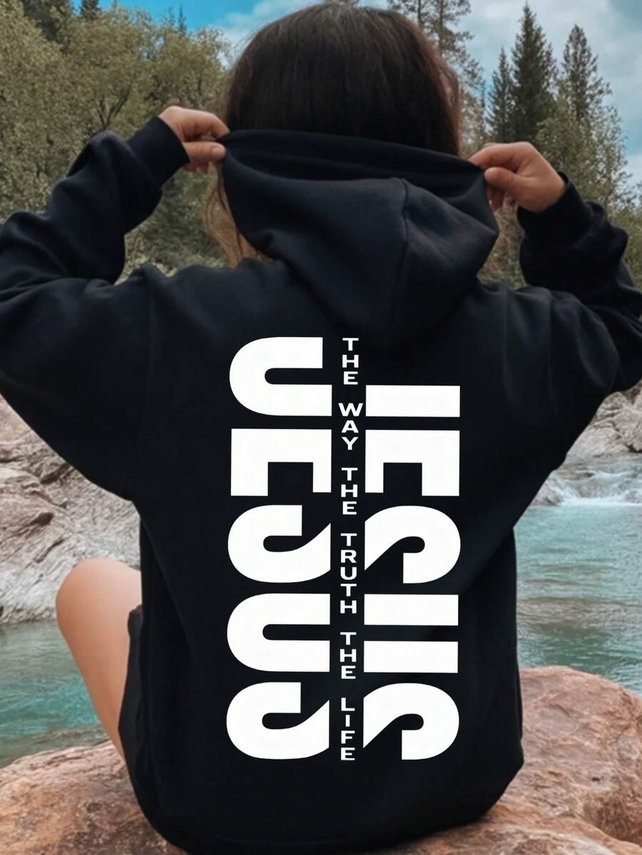Women's Pullover Hoodie (Fleece Style, Drawstring) | Vertical Letter Print JESUS With Slogan | Modern Christian Style | Drawstring Design | Loose-Fit | Winter Essential - 黑色 - 查看 1