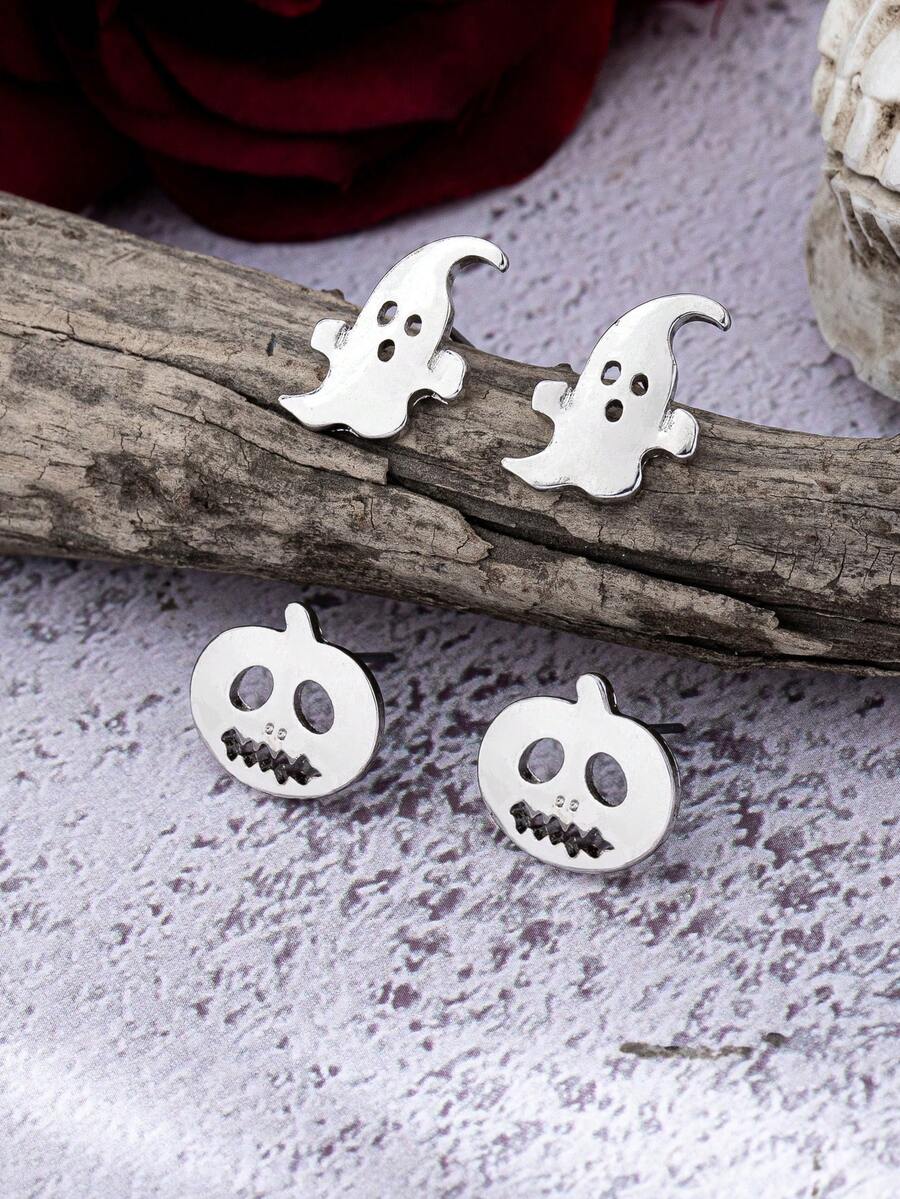 2 Pairs Halloween Party Pumpkin & Ghost Stud Earrings Set For Women