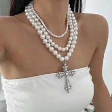 1pc Double Layer Big Size Faux Pearl Cross Necklace, Women's Fashion Geometric Alloy Jewelry Chain Necklace, Personalized Elegant Choker Necklace