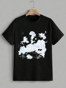 Men's Letter & Star Graphic Loose Round Neck Short Sleeve T-Shirt, World Tour T-Shirt-Premium Cotton Graphic Printed Round Neck T-Shirts - 黑色2 - 查看 1
