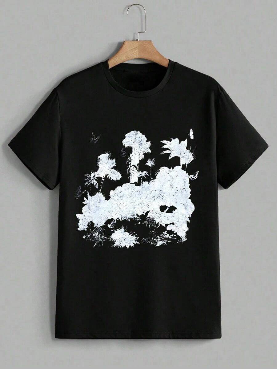 Men's Letter & Star Graphic Loose Round Neck Short Sleeve T-Shirt, World Tour T-Shirt-Premium Cotton Graphic Printed Round Neck T-Shirts - 黑色2 - 查看 1