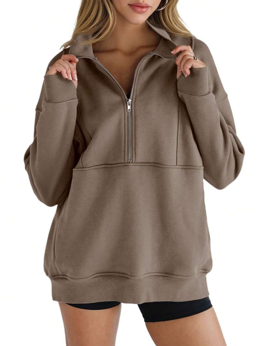 Fisoew Women's Fleece Half Zip Pullover - Stand Collar Thumbhole Oversized Sweatshirt With Pockets, Warm Long Sleeve Athletic Top For Winter Running & Casual Wear - 棕色 - 查看 1