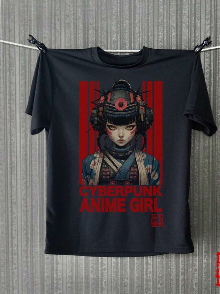 Cyberpunk Girl T-Shirt 01 _ Steampunk _ Samurai _ Japanese Anime _ Y2K _ Harajuku _ Motorcycle _ Kaw - 黑色 - 查看 1