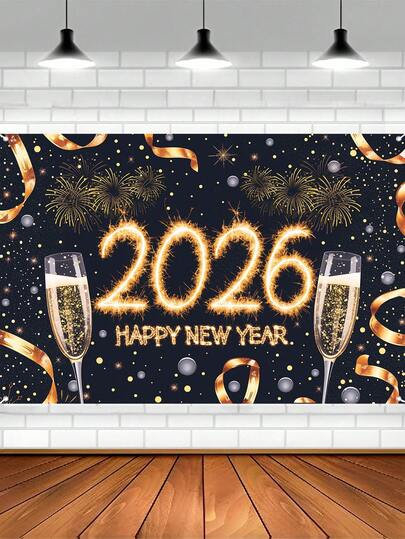 1pc Black Golden Happy New Year Banner, Glitter Polyester Backdrop With Fireworks Wine Glass For Christmas Eve 2025 Happy New Year 2026 Party Background Decoration,New Years Decorations 2026, Black Gold Decor,Home Decor, Holiday Party Suppies,New Year Photo Booth Party Decor