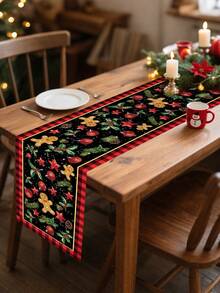 1 pezzo Tappeto da tavola natalizio con stampa a pupazzo di pan di zenzero e plaid, tappeto da tavola rettangolare in poliestere natalizio con elementi classici natalizi, perfetto per tavoli da pranzo familiari natalizi e raduni festivi