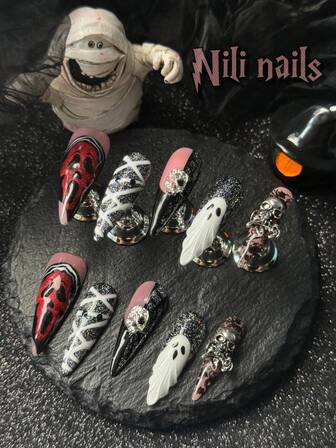 10 件万圣节手工女士可穿戴指甲贴纸，完全覆盖且可重复使用，长款细高跟黑色法式尖头指甲，红色猫眼图案，尖叫鬼魂和 3D 骷髅，亚克力指甲用品，美丽又有趣，适合万圣节女性和女孩使用，含 1 个果冻垫和 1 个指甲锉
