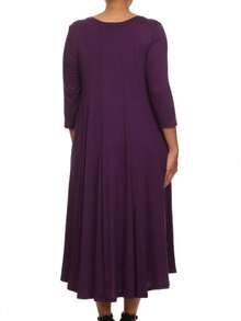 Plus Size Casual 3/4 Sleeves Basic A-Line Pleated Solid Midi Dress  Wedding - Purple - View 4