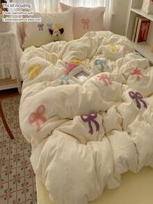 Joivida Cut Embroidery Colorful Bowknot Duvet Cover Set, White Bedding Set 3pcs,Including 1 Duvet Cover And 2 Pillowcases, Ultra Soft Breathable Chic Comforter Cover