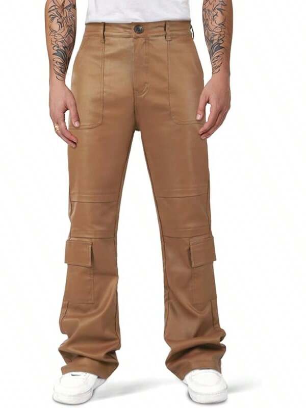 Mens Faux Leather Cargo Pants Flared Bell Bottoms With Pockets For Men 70s Party Pants-20256688