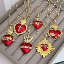 Collana con pendente smaltato a forma di croce rossa e cuore sacro, gioiello di moda religioso da donna, adatto per uso quotidiano