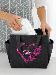 1 pieza Bolsa de almuerzo aislada con diseño personalizable de nombre y corazón, diseño de bolsillo doble, gran capacidad para lonchera de estudiante, forro de aluminio grueso - Negro - Ver 5