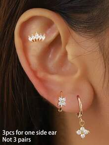 3 件套不锈钢锆石花朵耳环套装，女士适用，18K 镀金防过敏耳屏耳轮圈耳钉软骨穿孔饰品，适合日常佩戴 - 金-13 - 查看 2