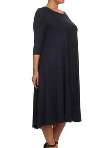Plus Size Casual 3/4 Sleeves Basic A-Line Pleated Solid Midi Dress  Wedding - Navy Blue - View 3