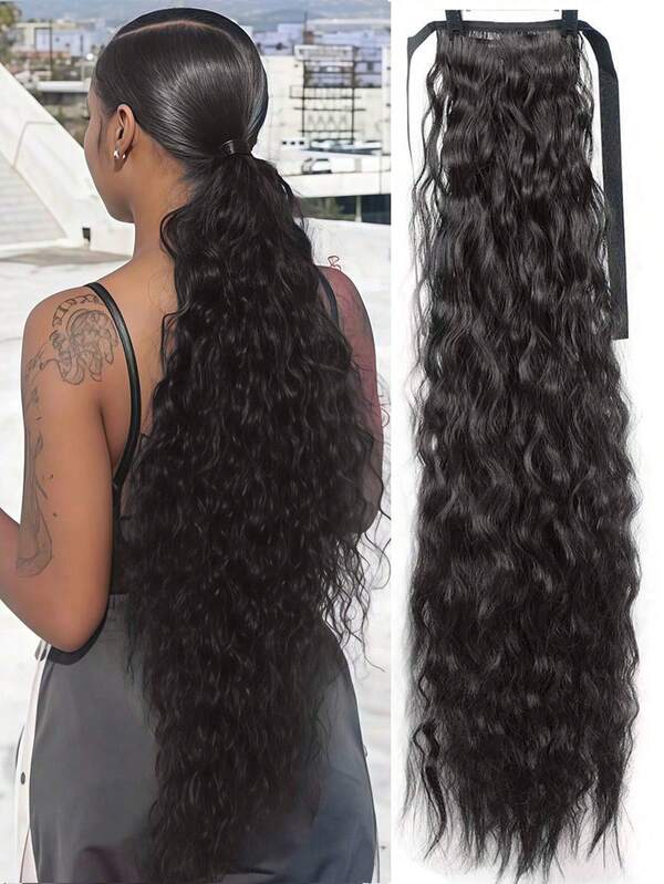 Clip In Ponytail Extensions,16-36 Inch Extra Long Curly Black-Brown Synthetic Ponytail Heat Resistant Hairpiece For Women Daily Use
