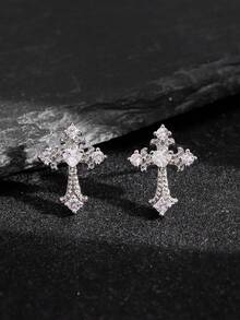 1 Cặp bông tai đinh chữ thập cho nam, Phụ kiện trang trí pha lê tối giản phong cách Gothic đa năng, thích hợp cho trang phục hàng ngày, tiệc tùng và lễ hội của nam giới - Bạc - Xem 4