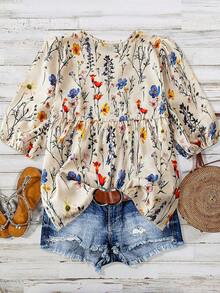 女士时尚印花V领泡泡袖松紧袖口休闲衬衫 - 杏色 - 查看 2