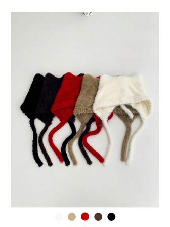 1 件柔软蓬松的猫耳针织耳罩帽，可爱的冬季大头围帽子带防风绳，温暖百搭的亚克力无檐帽带毛绒猫耳朵，新款秋冬保暖耳罩帽